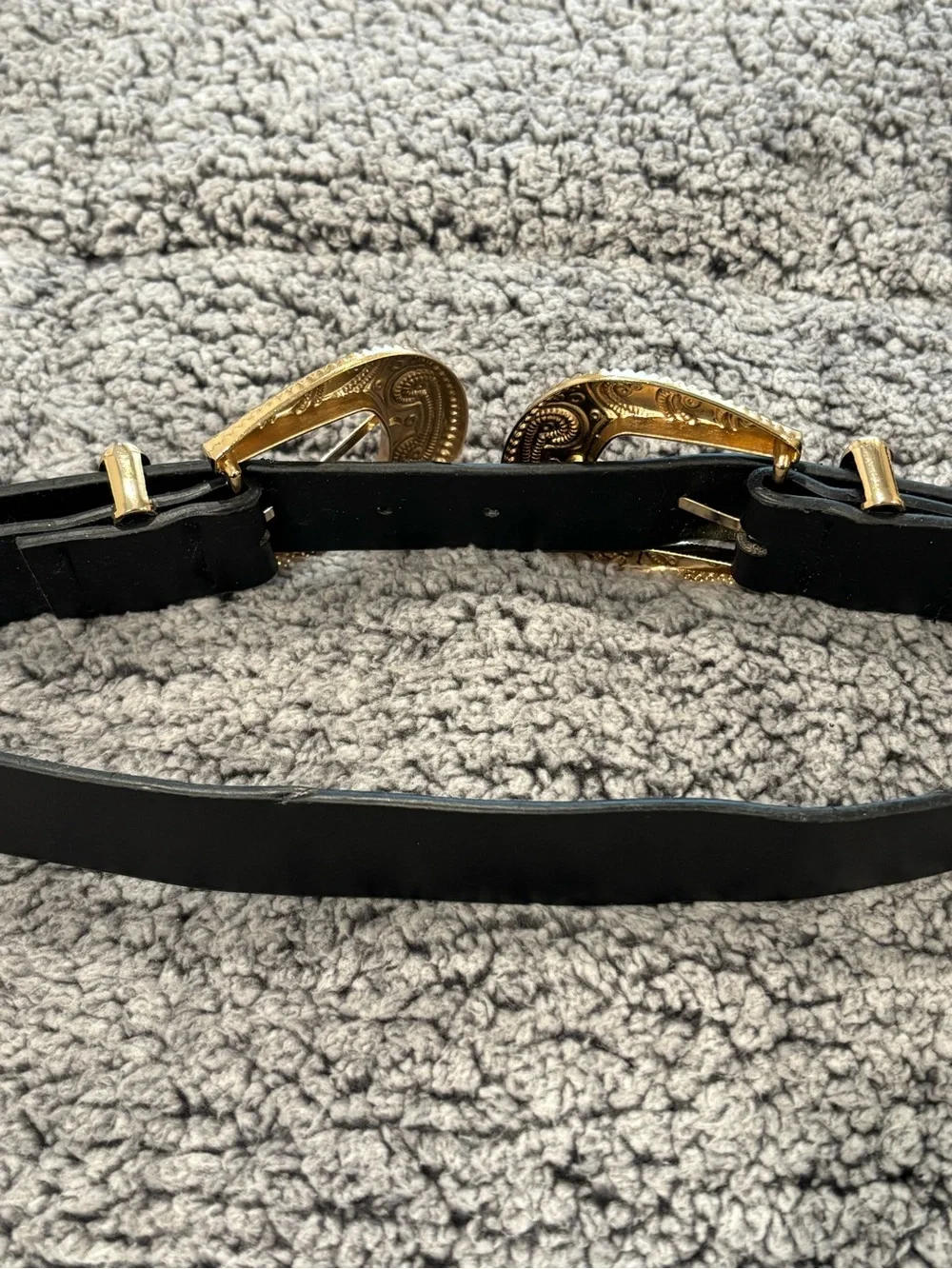 Double Buckle Black Leather Western Belt with Gold Hardware